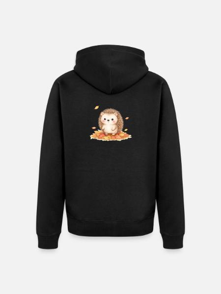 Autumnal hedgehog on leaf mound - Unisex Premium Organic Zip Hoodie - black