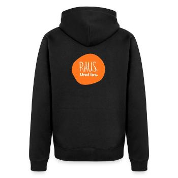 Raus. Und los. – Outdoor Design in Orange - Unisex Premium Bio Zip Hoodie - Schwarz - Hinten - Nico (187cm)