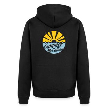 summer-is-calling-white-design - Unisex Premium Bio Zip Hoodie - Schwarz - Hinten - Nico (187cm)