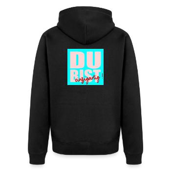 Du bist einzigartig - Unisex Premium Bio Zip Hoodie - Schwarz - Hinten - Nico (187cm)