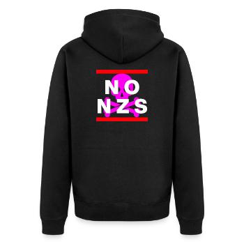 NO NZS, NEVER AGAIN, ANTI-FASCISM, NO AFD PINK - Unisex Premium Organic Zip Hoodie - black - Back - Nico (187cm)
