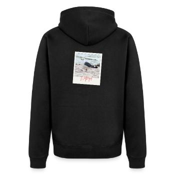 Foto Nordsee Möwe Wattvogel mit Schrift  - Unisex Premium Bio Zip Hoodie - Schwarz - Hinten - Nico (187cm)