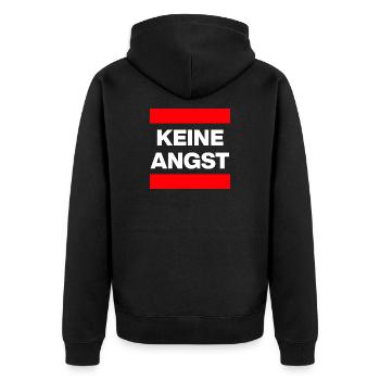 KEINE ANGST NIE WIEDER IST JETZT, WEISS, NO NZS - Unisex Premium Bio Zip Hoodie - Schwarz - Hinten - Nico (187cm)
