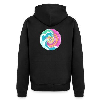 Surfskate Motiv in Pink Gelb mit Wellen - Unisex Premium Bio Zip Hoodie - Schwarz - Hinten - Nico (187cm)
