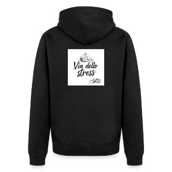 Via dello Stress: Stressabbau Humor - Unisex Premium Bio Zip Hoodie - Schwarz - Hinten - Nico (187cm)