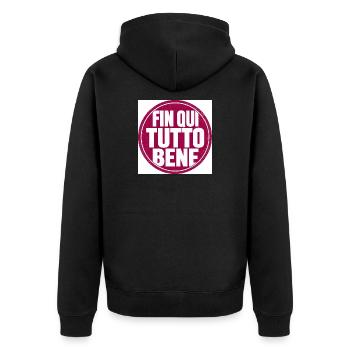 Bis jetzt läuft alles gut. Rundstempel - Unisex Premium Bio Zip Hoodie - Schwarz - Hinten - Nico (187cm)