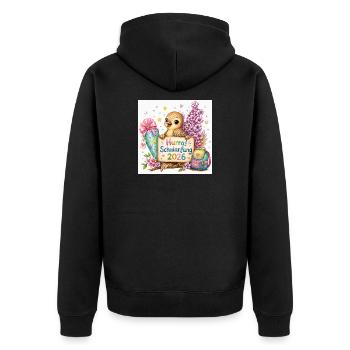 Hurra Schulanfang 2026 Kükenmotiv - Unisex Premium Bio Zip Hoodie - Schwarz - Hinten - Nico (187cm)