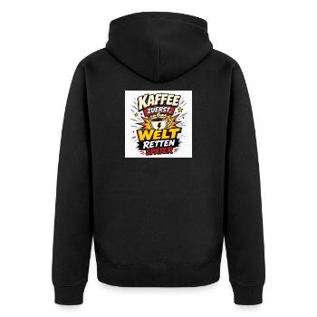 Kaffee zuerst, Welt retten später. - Unisex Premium Bio Zip Hoodie - Schwarz - Hinten - Nico (187cm)