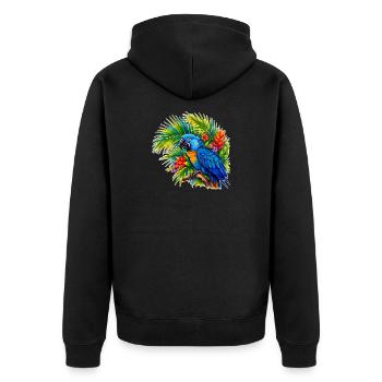 Tropischer Blauparrot im Tropenwald - Unisex Premium Bio Zip Hoodie - Schwarz - Hinten - Nico (187cm)