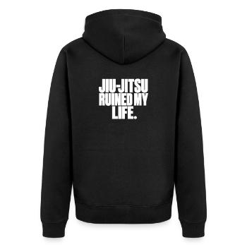 NoBS Grappling – Jiu-Jitsu Ruined My Life - Unisex Premium Bio Zip Hoodie - Schwarz - Hinten - Nico (187cm)