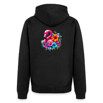 Flamingo verziert mit Hibiskusblüten - Unisex Premium Bio Zip Hoodie - Schwarz - Hinten - Nico (187cm)