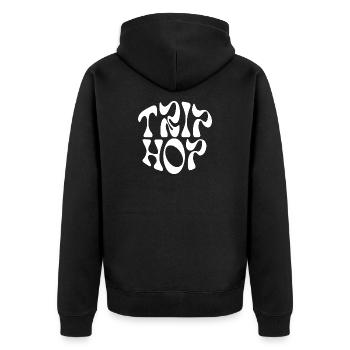 Trip Hop Organisches Typografie-Design - Unisex Premium Bio Zip Hoodie - Schwarz - Hinten - Nico (187cm)