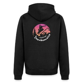 Silhouette de snowboardeur au-dessus d’un coucher de soleil en montagne - Veste à capuche bio Premium Unisexe - noir - Dos - Nico (187cm)