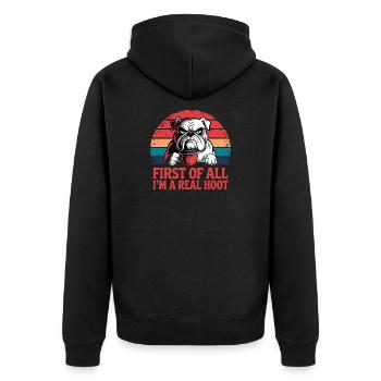 First Of All I'm A Real Hoot Bulldog Coffee - Unisex Premium Organic Zip Hoodie - black - Back - Nico (187cm)