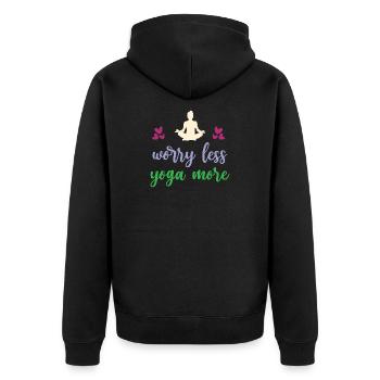 Worry Less Yoga More - Unisex Premium Organic Zip Hoodie - black - Back - Nico (187cm)