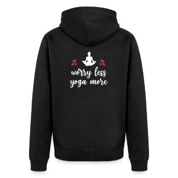 Worry Less Yoga More - Unisex Premium Organic Zip Hoodie - black - Back - Nico (187cm)