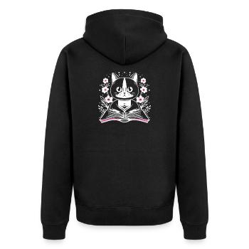 Lesende süße Katze mit Buch und Blumen - Unisex Premium Bio Zip Hoodie - Schwarz - Hinten - Nico (187cm)
