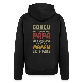Mit Liebe von Mama und Papa in 9 Monaten entworfen - Unisex Premium Bio Zip Hoodie - Schwarz - Hinten - Nico (187cm)