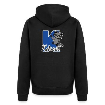 Kassel Waschbär klettert am Buchstaben K - Unisex Premium Bio Zip Hoodie - Schwarz - Hinten - Nico (187cm)