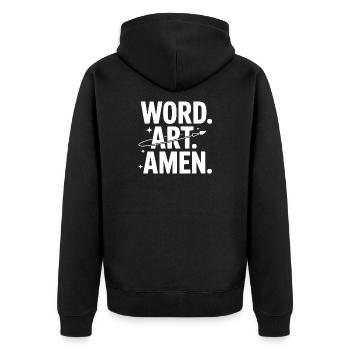 Wortkunst: Amen Pinselstrich - Unisex Premium Bio Zip Hoodie - Schwarz - Hinten - Nico (187cm)