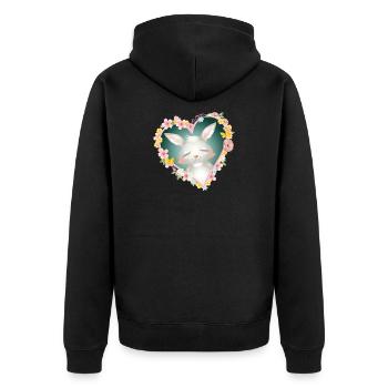 niedlicher weißer Hase träumt im Blüten Herz - Unisex Premium Bio Zip Hoodie - Schwarz - Hinten - Nico (187cm)