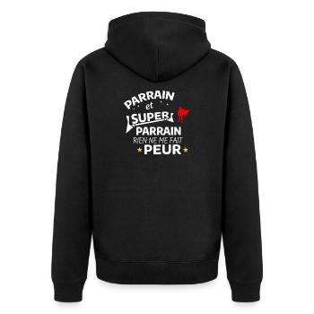 Benutzerdefinierte Superpate mit Umhang Heroisch - Unisex Premium Bio Zip Hoodie - Schwarz - Hinten - Nico (187cm)