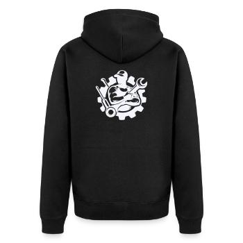 Schrauberkraft im Zahnrad-Design - Unisex Premium Bio Zip Hoodie - Schwarz - Hinten - Nico (187cm)
