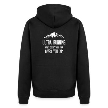 Ultra Running - Was dich nicht umbringt, gibt dir XP - Unisex Premium Bio Zip Hoodie - Schwarz - Hinten - Nico (187cm)