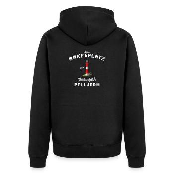 Pellworm , Ankerplatz der Glücksgefühle - Unisex Premium Bio Zip Hoodie - Schwarz - Hinten - Nico (187cm)