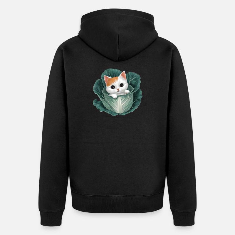 Kitten Peeking from Cabbage Leaf - Unisex Premium Organic Zip Hoodie - black