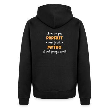Not perfect but mytho — typographic humor - Unisex Premium Organic Zip Hoodie - black - Back - Nico (187cm)