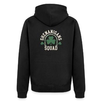 Shenanigans Squad Shamrock Spaß - Unisex Premium Bio Zip Hoodie - Schwarz - Hinten - Nico (187cm)