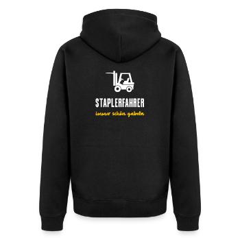 Staplerfahrer Geschenk Immer schön gabeln - Unisex Premium Bio Zip Hoodie - Schwarz - Hinten - Nico (187cm)