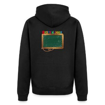 Leere Schultafel zum Beschriften für Schulanfang - Unisex Premium Bio Zip Hoodie - Schwarz - Hinten - Nico (187cm)