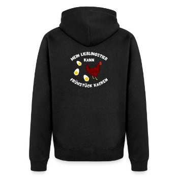 Hühnchen mit Frühstücksfreude Design - Unisex Premium Bio Zip Hoodie - Schwarz - Hinten - Nico (187cm)