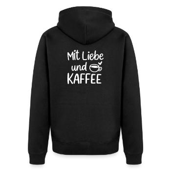 Mit Liebe und Kaffee Illustration Morgenmuffel - Unisex Premium Bio Zip Hoodie - Schwarz - Hinten - Nico (187cm)