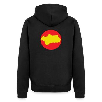 Rotes und gelbes Andalusien - Unisex Premium Bio Zip Hoodie - Schwarz - Hinten - Nico (187cm)