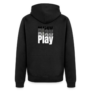 Überlappende Spieltypografie - Unisex Premium Bio Zip Hoodie - Schwarz - Hinten - Nico (187cm)