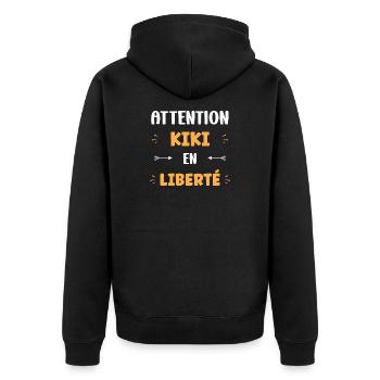 Achtung Kiki in der Freiheit - Unisex Premium Bio Zip Hoodie - Schwarz - Hinten - Nico (187cm)