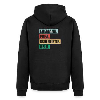 Papa Grillmeister Held Für Vatertag BBQ - Unisex Premium Bio Zip Hoodie - Schwarz - Hinten - Nico (187cm)
