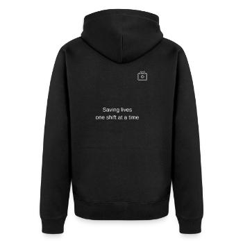 Leben retten jede Schicht - Unisex Premium Bio Zip Hoodie - Schwarz - Hinten - Nico (187cm)