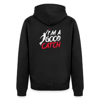Ich bin ein guter Fang Handgeschriebenes Logo T-Shirt - Unisex Premium Bio Zip Hoodie - Schwarz - Hinten - Nico (187cm)