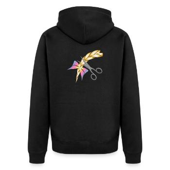 Schere schneidet einen blonden Zopf ab - Unisex Premium Bio Zip Hoodie - Schwarz - Hinten - Nico (187cm)