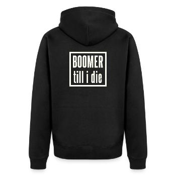Boomer bis zum Ende Schriftzug - Unisex Premium Bio Zip Hoodie - Schwarz - Hinten - Nico (187cm)