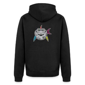 Tattooierter Hai-Cartoon mit Totenkopfflossen - Unisex Premium Bio Zip Hoodie - Schwarz - Hinten - Nico (187cm)