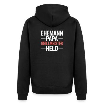 Ehemann Papa Grillmeister Held - Unisex Premium Bio Zip Hoodie - Schwarz - Hinten - Nico (187cm)