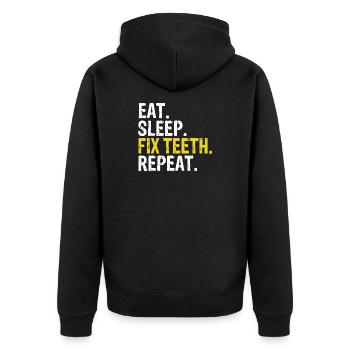 Essen, schlafen, Zähne reparieren, wiederholen, wiederholen - Unisex Premium Bio Zip Hoodie - Schwarz - Hinten - Nico (187cm)