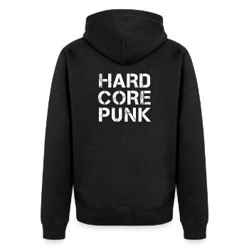 Hardcore Punk Distressed Typografie - Unisex Premium Bio Zip Hoodie - Schwarz - Hinten - Nico (187cm)