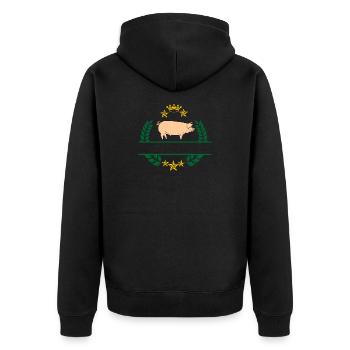 Schwein im grünen Lorbeerkranz mit goldgelber Krone - Unisex Premium Bio Zip Hoodie - Schwarz - Hinten - Nico (187cm)