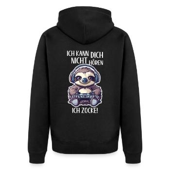 Ich kann dich nicht hören ich zocke Gamer Faultier - Unisex Premium Bio Zip Hoodie - Schwarz - Hinten - Nico (187cm)